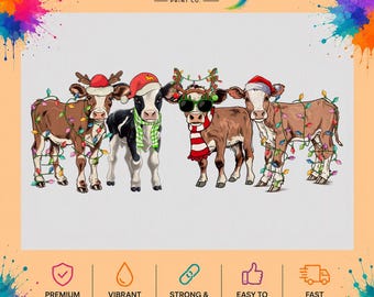 Christmas Cow DTF Transfer, Santa Highland Cow Lights (Ready to Press)
