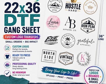 Custom DTF Gang Sheet, 22" x 36" Logo Transfers, Wholesale DTF Print