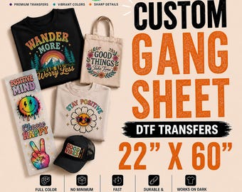 Custom DTF Gang Sheet 22" x 60" Heat Transfer Print, Direct Film Logo Design