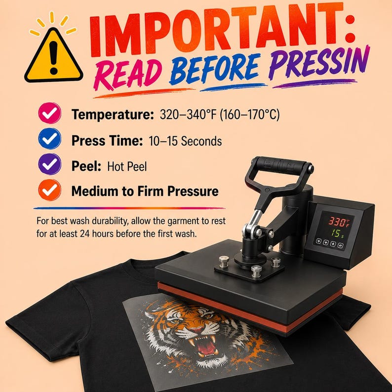 May include: A black heat press machine positioned over a black t-shirt with a tiger graphic. Text reads: IMPORTANT: READ BEFORE PRESSING, Temperature: 320-340&deg;F, Press Time: 10-15 Seconds, Peel: Hot Peel, Medium to Firm Pressure, and wash instructions.