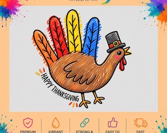 Handprint Turkey DTF Transfer, Retro Thanksgiving Design, Ready to Press