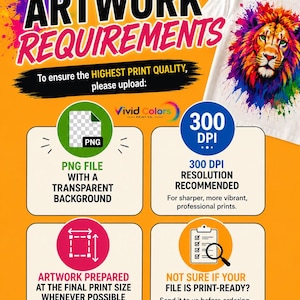 May include: An informational graphic titled ARTWORK REQUIREMENTS on an orange background. It displays a white t-shirt with a colorful lion print and four boxes detailing file specifications: PNG with transparent background, 300 DPI resolution, final print size, and a review service for print-ready files.