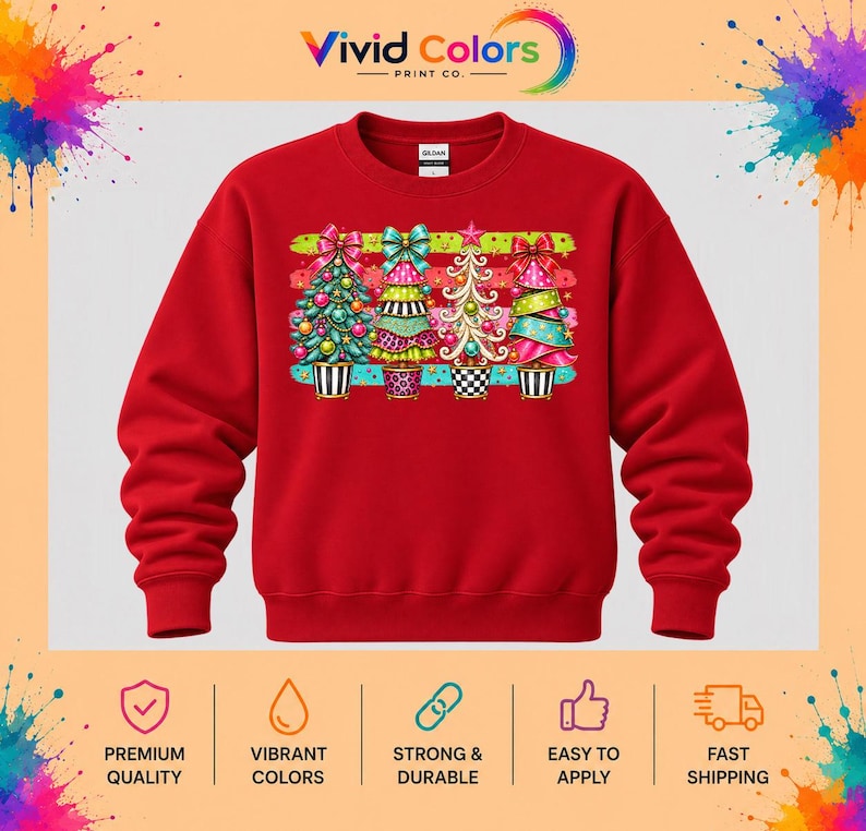 Problem Tree Visual Layout Whimsical Christmas Trees DTF Transfer, Colorful Preppy Holiday Design ...