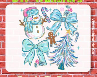 Christmas Blue Snowman DTF Transfer: Coquette Snowman Gingerbread Tree Bow Candy Ready To Press