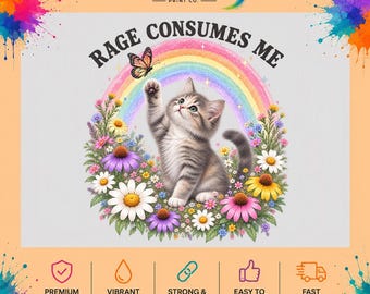 Rage Consumes Me Cat DTF Transfer, Funny Kitten Meme, Ready to Press