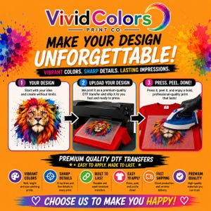 May include: An informational graphic for Vivid Colors Print Co. detailing a three-step DTF transfer process. It features a colorful lion illustration, a printer, and an iron pressing a design onto a red shirt, with text explaining the process.