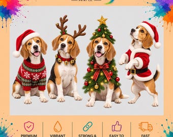 Beagle Christmas DTF Transfer, Festive Holiday Dogs Ready to Press