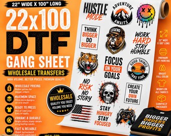 22x100 Gang Sheet, Wholesale DTF Printing, High Volume Apparel Transfers
