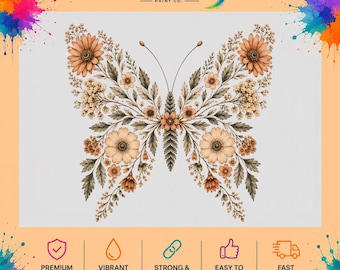 Floral Butterfly DTF Transfer, Vintage Flowers, Boho Nature Design (Ready to Press)