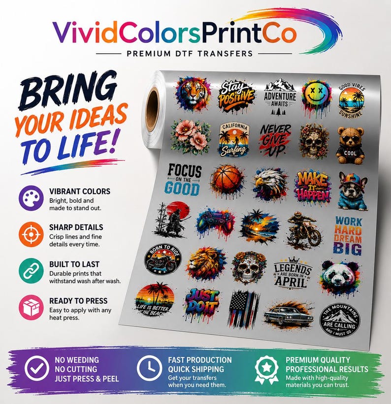 May include: A roll of DTF transfers featuring a variety of colorful graphic designs including animals, skulls, landscapes, and motivational text. The sheet displays multiple individual prints with vibrant colors and sharp details for heat press application.