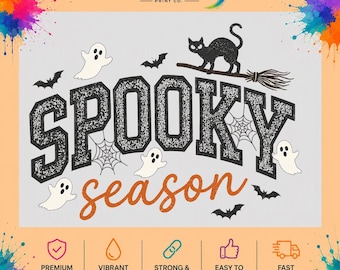 Spooky Season Halloween DTF Transfer, Black Cat Ghost Bats (Ready to Press)