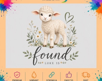 Lamb Luke 15 DTF Transfer, Christian Faith Ready to Press Heat Transfer