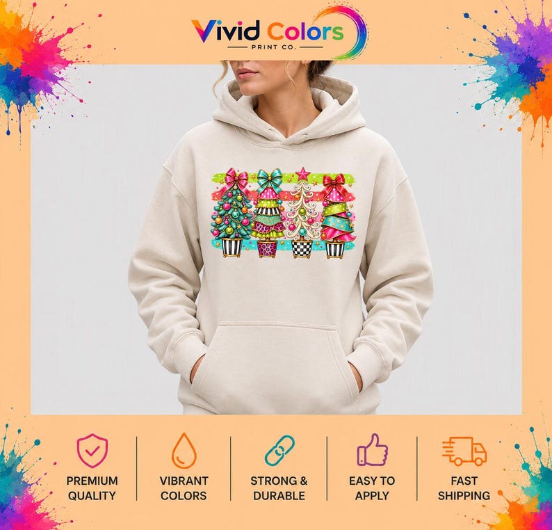 Problem Tree Visual Layout Whimsical Christmas Trees DTF Transfer, Colorful Preppy Holiday Design ...