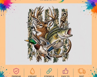 Hunting and Fishing DTF Transfer, Deer Duck Bass Camo Graphic, Ready to Press