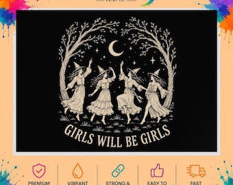 Girls Will Be Girls Witch Circle DTF Transfer, Retro Halloween Design (Ready to Press)