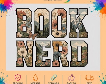 Book Nerd DTF Transfer, Retro Floral Mountain Design, Book Lover Apparel