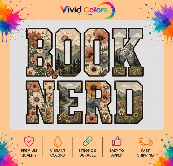 Book Nerd DTF Transfer, Retro Floral Mountain Design, Book Lover Apparel