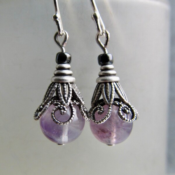 Amethyst and Sterling Silver Art Nouveau Earrings, Art Deco Jewelry, Small Unique Dangle- Felicity