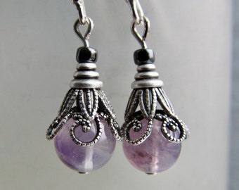 Amethyst and Sterling Silver Art Nouveau Earrings, Art Deco Jewelry, Small Unique Dangle- Felicity