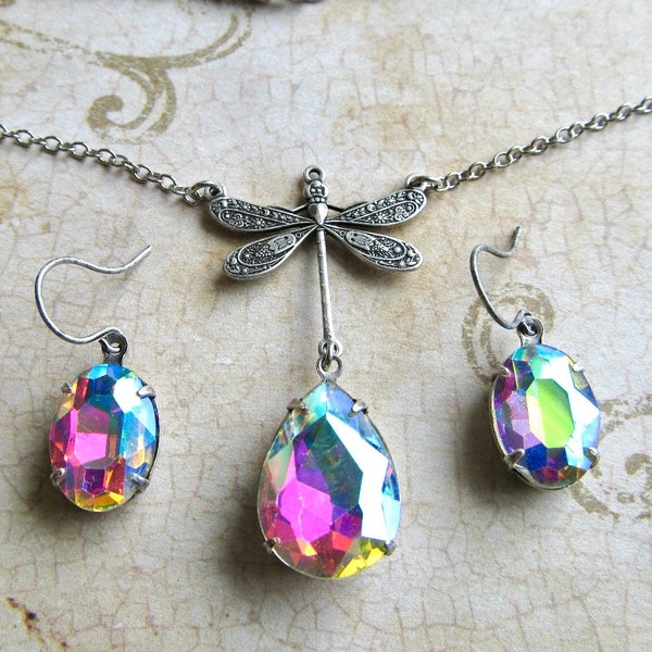 Art Nouveau Dragonfly Necklace and Earring Set Aurora Borealis Jewel, Art Deco Jewelry, Fairycore Necklace- Magnifique