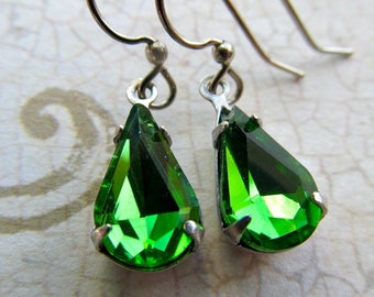 Art Deco Green and Silver Pear Earrings, Emerald, Art Nouveau Jewelry- Envy