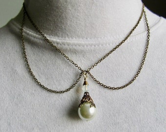 Art Deco Pearl and Opal Crystal Necklace with Golden Filigree, Wedding Bridal Jewelry