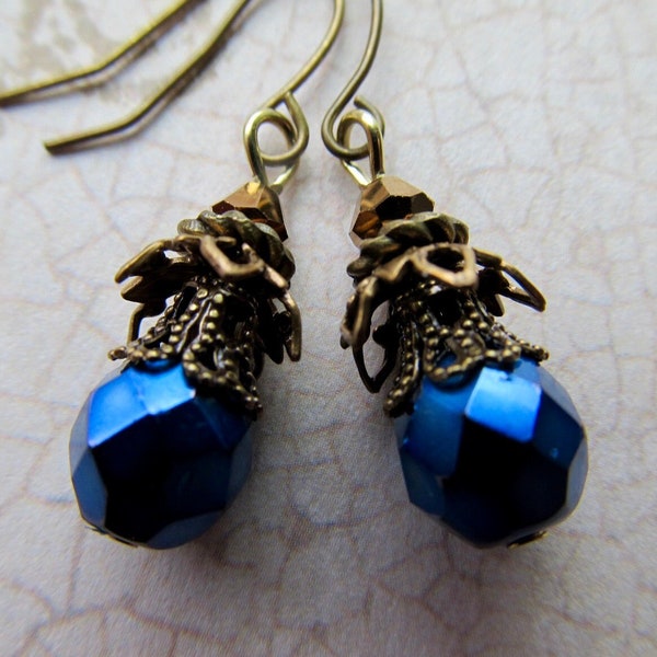 Denim Blue Art Nouveau Small Dangle Earrings, Vintage Filigree - Joy