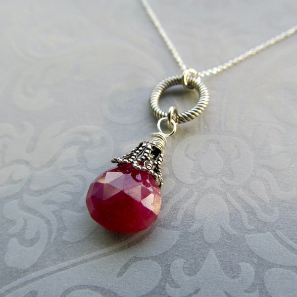 Ruby Pendant Necklace in Sterling Silver, Vintage Style Jewelry- Love