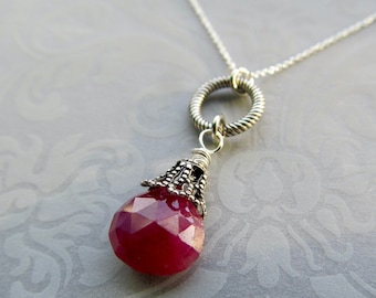 Ruby Pendant Necklace in Sterling Silver, Vintage Style Jewelry- Love