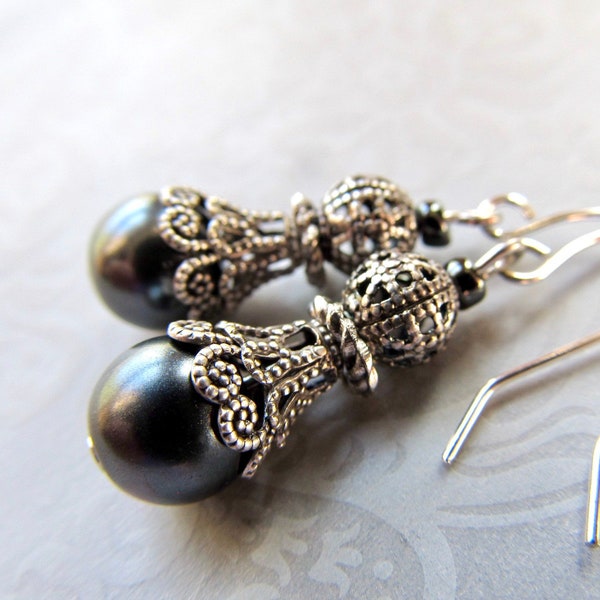 Gothic Black Pearl Wedding Earrings, Art Nouveau Jewelry, Dark Gray and Silver Dangle- Baroque