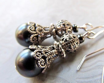 Gothic Black Pearl Wedding Earrings, Art Nouveau Jewelry, Dark Gray and Silver Dangle- Baroque