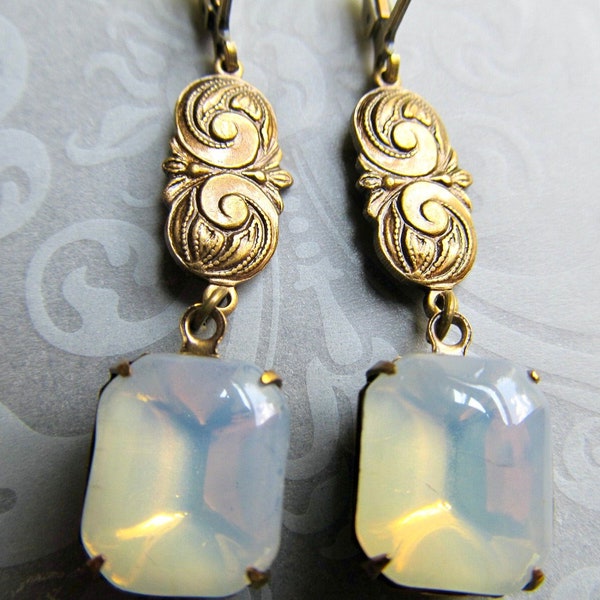 Crystal Opal Art Nouveau Earrings, Vintage Bridal, Art Deco Wedding Dangle Jewelry- Ecstasy