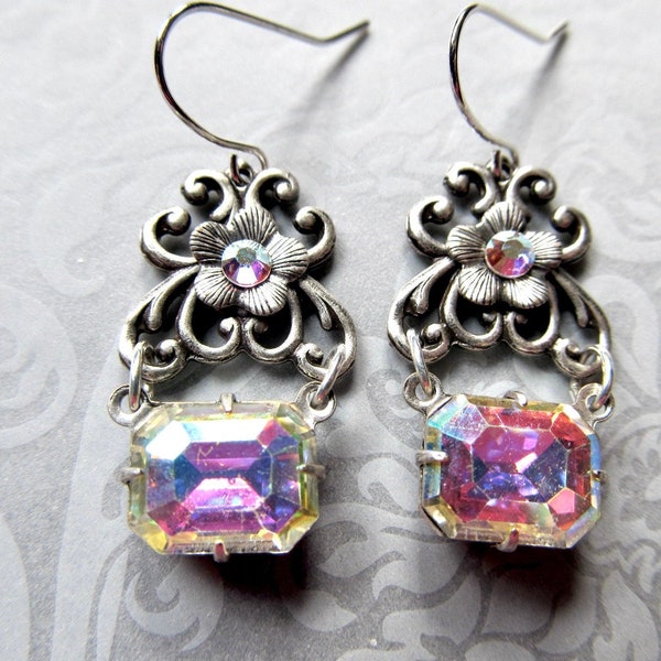 Northern Lights Art Nouveau Silver Earrings, Iridescent AB Crystal Jewelry, Art Deco Wedding - Stars