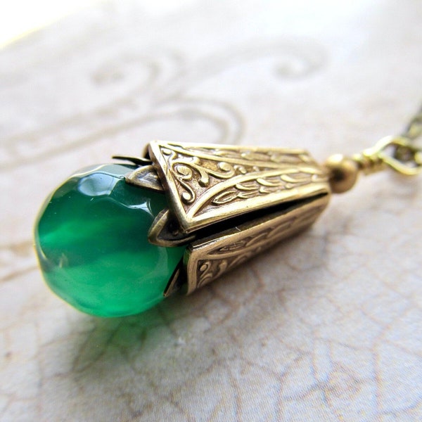 Emerald Art Deco Necklace, Green Art Nouveau Jewelry, Gold Gothic- Opulence