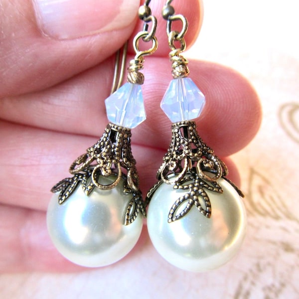Pearl and Antique Brass Wedding Earrings, 1920s Art Nouveau Bridal Jewelry- Blissful