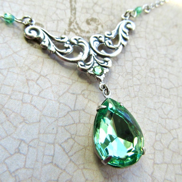 Art Nouveau Peridot Green Necklace, Art Deco Crystal Pendant, Green Wedding- Green Eyed
