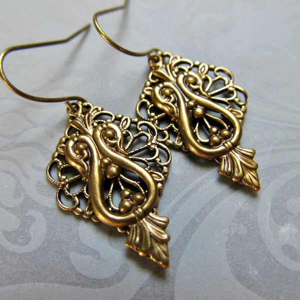 Art Nouveau Brass Filigree Lightweight Earrings, Vintage Style Art Deco Gold Dangle- Curves