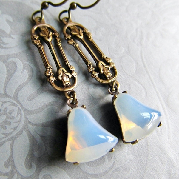 Art Deco Crystal Opal Earrings, Vintage Art Nouveau Bridal Jewelry- Wedding Bells