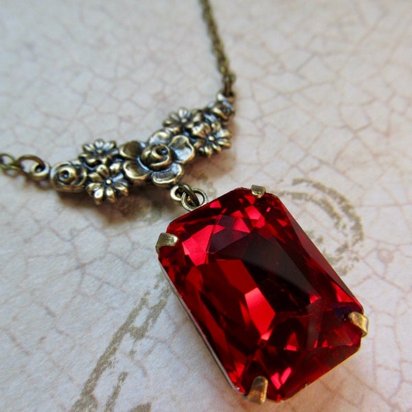 Gothic Ruby Necklace, Red Art Deco Pendant, Art Nouveau Jewelry- Melt