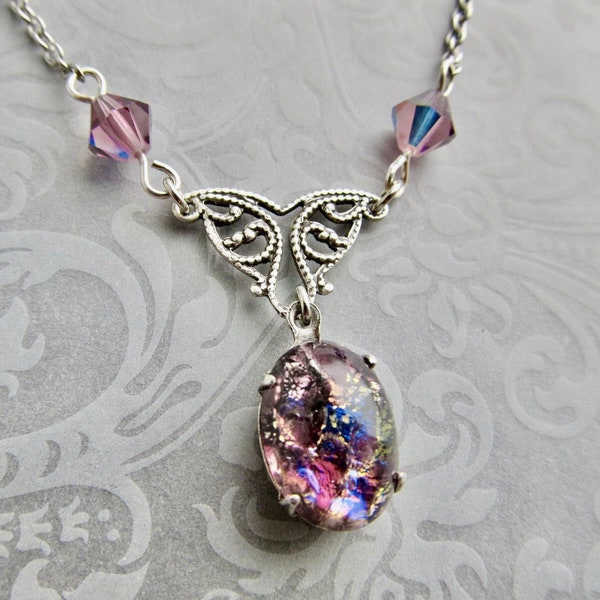 Art Deco Amethyst Purple Opal Pendant Necklace, Art Nouveau Jewelry, 1920s Silver Filigree- Glam