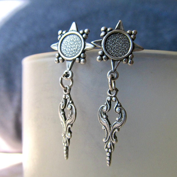 Art Nouveau Silver Sun Dangle Earrings, Art Deco Celestial, Starburst- Lightning