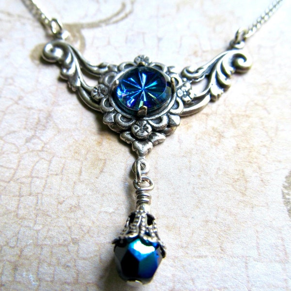 Gothic Blue Pendant Necklace, Art Nouveau Crystal, Princess- Twinkle