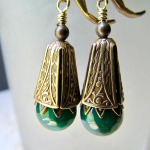 Emerald Art Deco Earrings, Gold Art Nouveau Jewelry, Green Wedding Earrings- Wealth