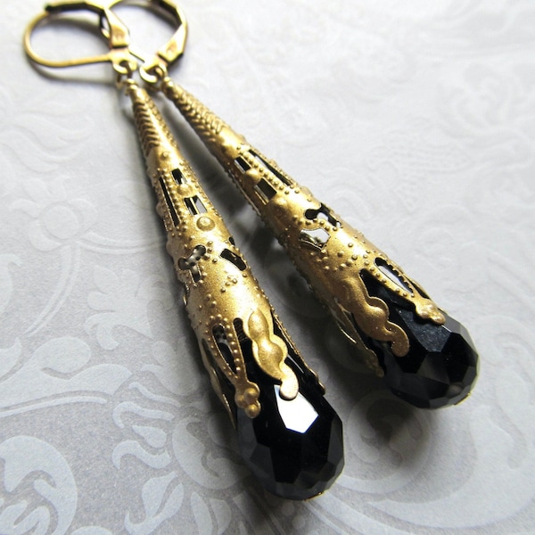 Art Deco Black Wedding Earrings, Extra Long Gothic, Art Nouveau Jewelry- Raven