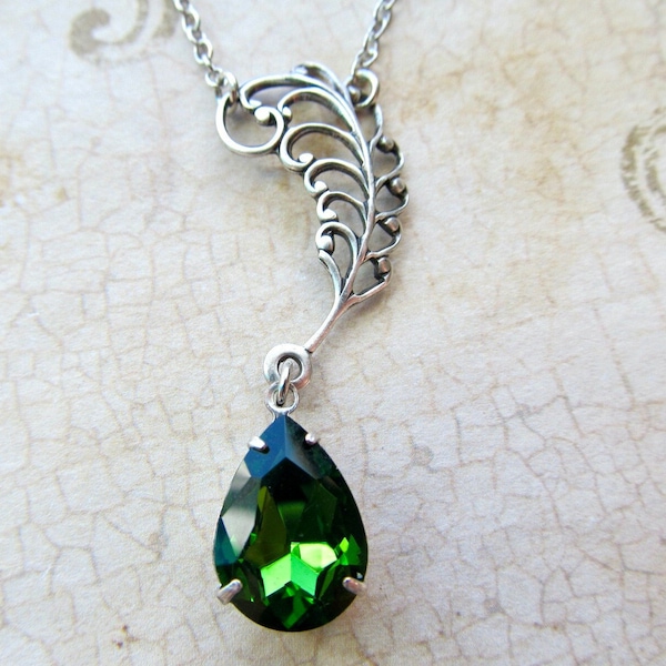 Art Deco Emerald Green Necklace, Art Nouveau Jewelry, Gothic, Feather Pendant