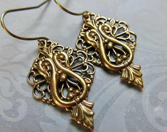 Art Nouveau Brass Filigree Lightweight Earrings, Vintage Style Art Deco Gold Dangle- Curves