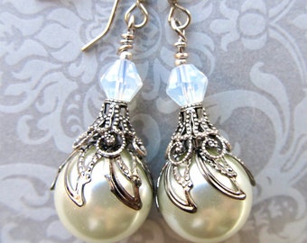 Pearl and Silver Bridal Earrings, Art Nouveau 1920s Wedding Jewelry- Happiness