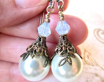 Pearl and Antique Brass Wedding Earrings, 1920s Art Nouveau Bridal Jewelry- Blissful