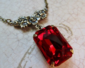 Gothic Ruby Necklace, Red Art Deco Pendant, Art Nouveau Jewelry- Melt