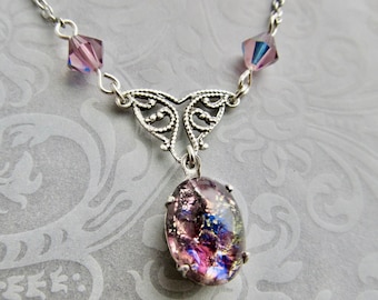 Collier à pendentif Art Déco en améthyste et opale violette, bijoux Art nouveau, filigrane d'argent des années 1920 - Glam